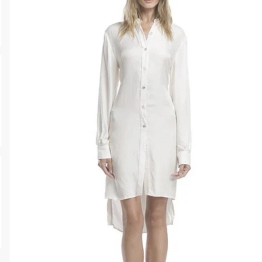 Line + Dot Ivory gold long sleeve open back button up shirt dress